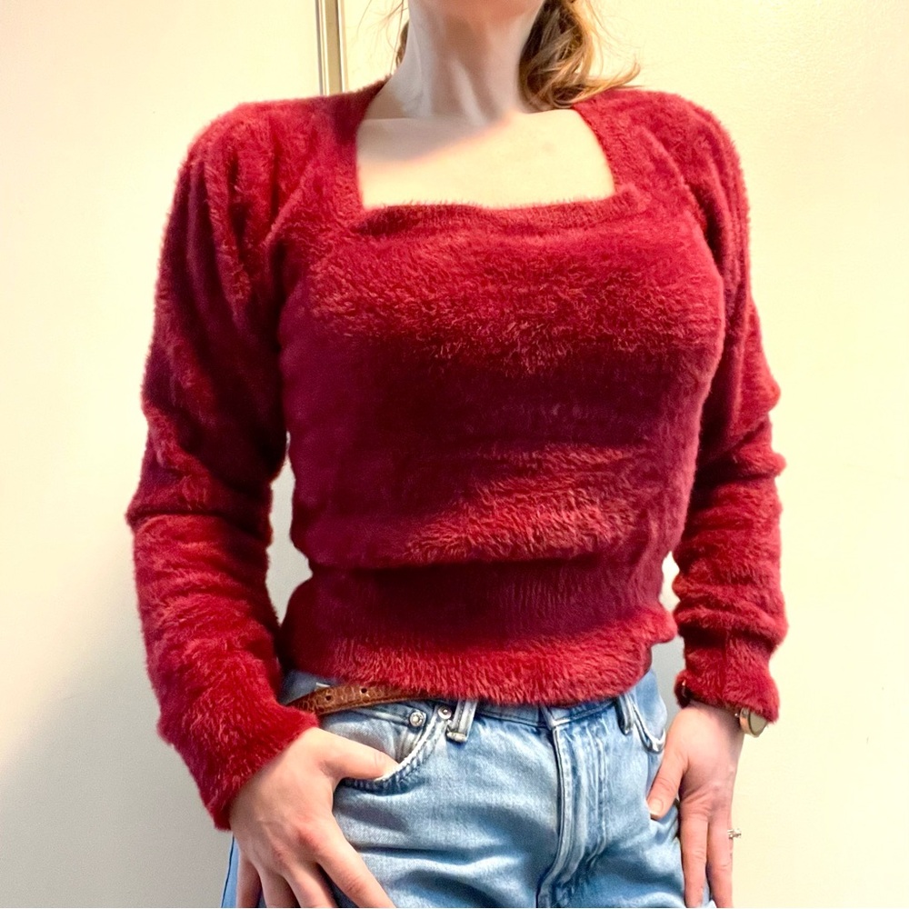 ASTR The Label Red Fuzzy Soft Cozy Boho Square Neck Sweater